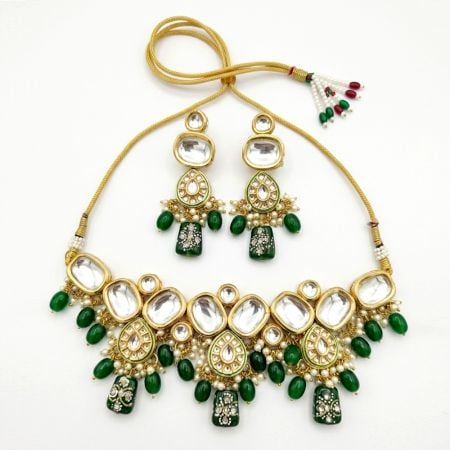 Handcrafted Emerald Green Kundan Statement Bridal Necklace Set